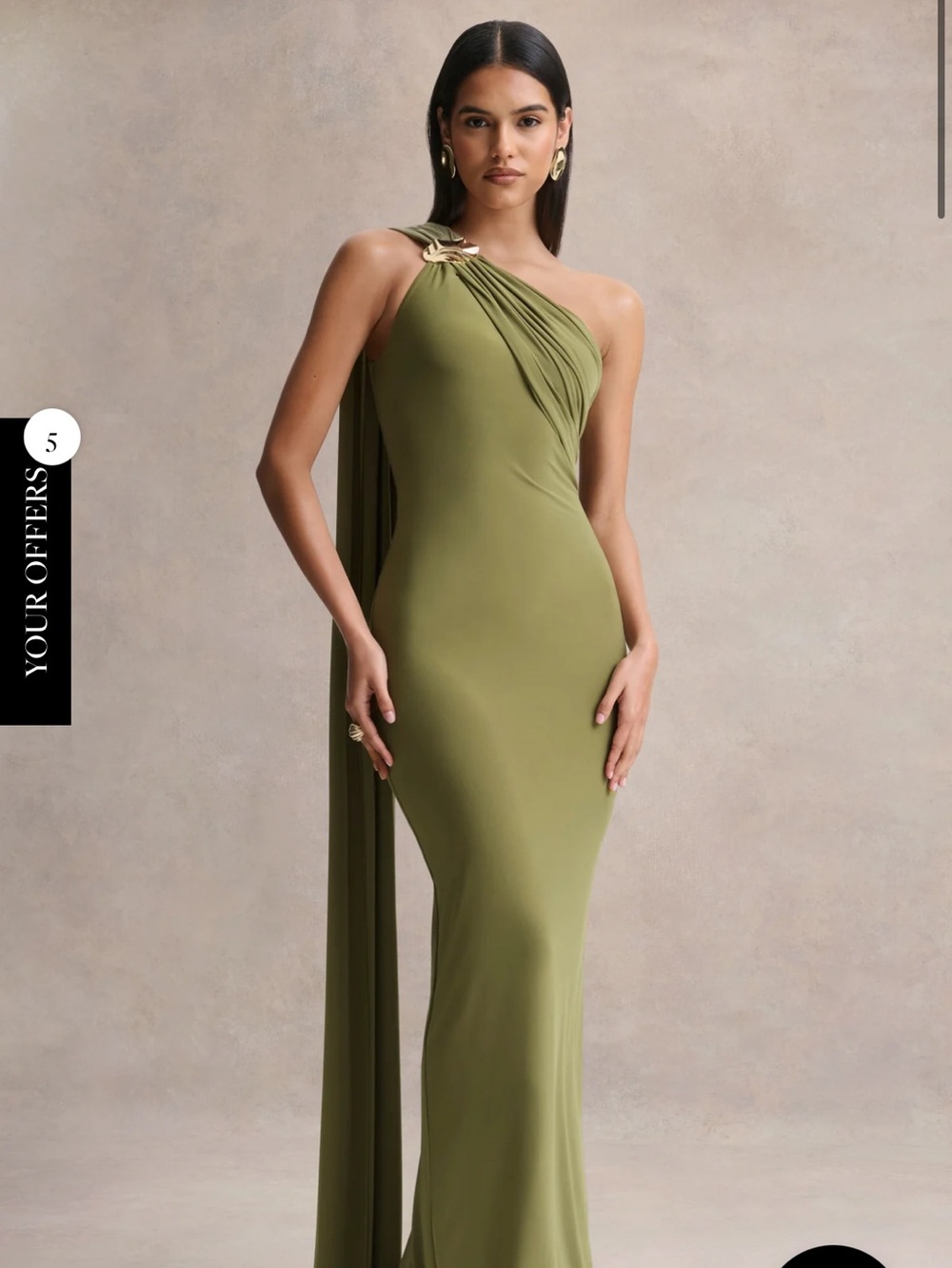 Club L London One-Shoulder Olive Green Draped Gown